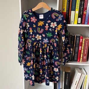 Hanna Anderson • Girls Navy Floral & Rainbow Long Sleeve Dress • 5Y